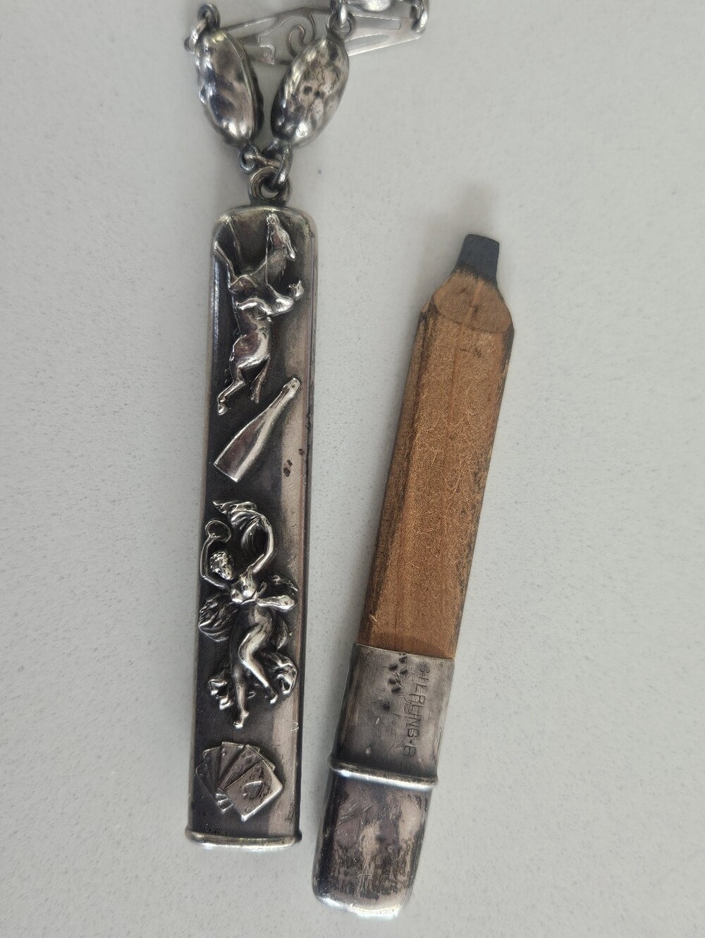 Antique Victorian Sterling Repousse Pencil Pendant Unique 24" Chain Necklace - Picture 6 of 12